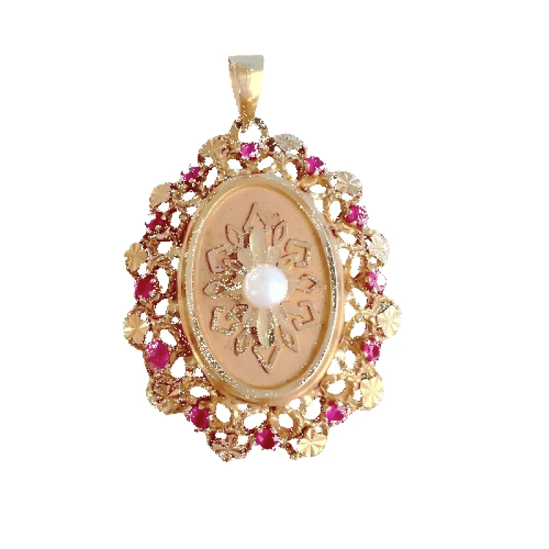 Pendentif médaillon vintage or rose, perle de culture et rubis synthétiques sold by 58 Facettes
