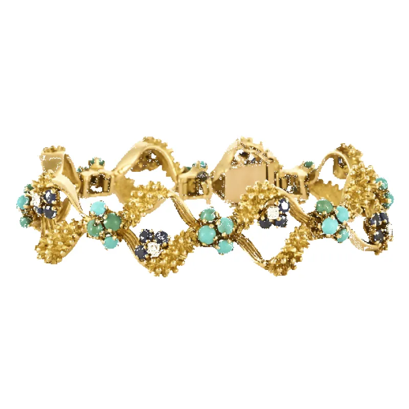 Bracelet en or jaune, turquoises, saphirs et diamants sold by 58 Facettes