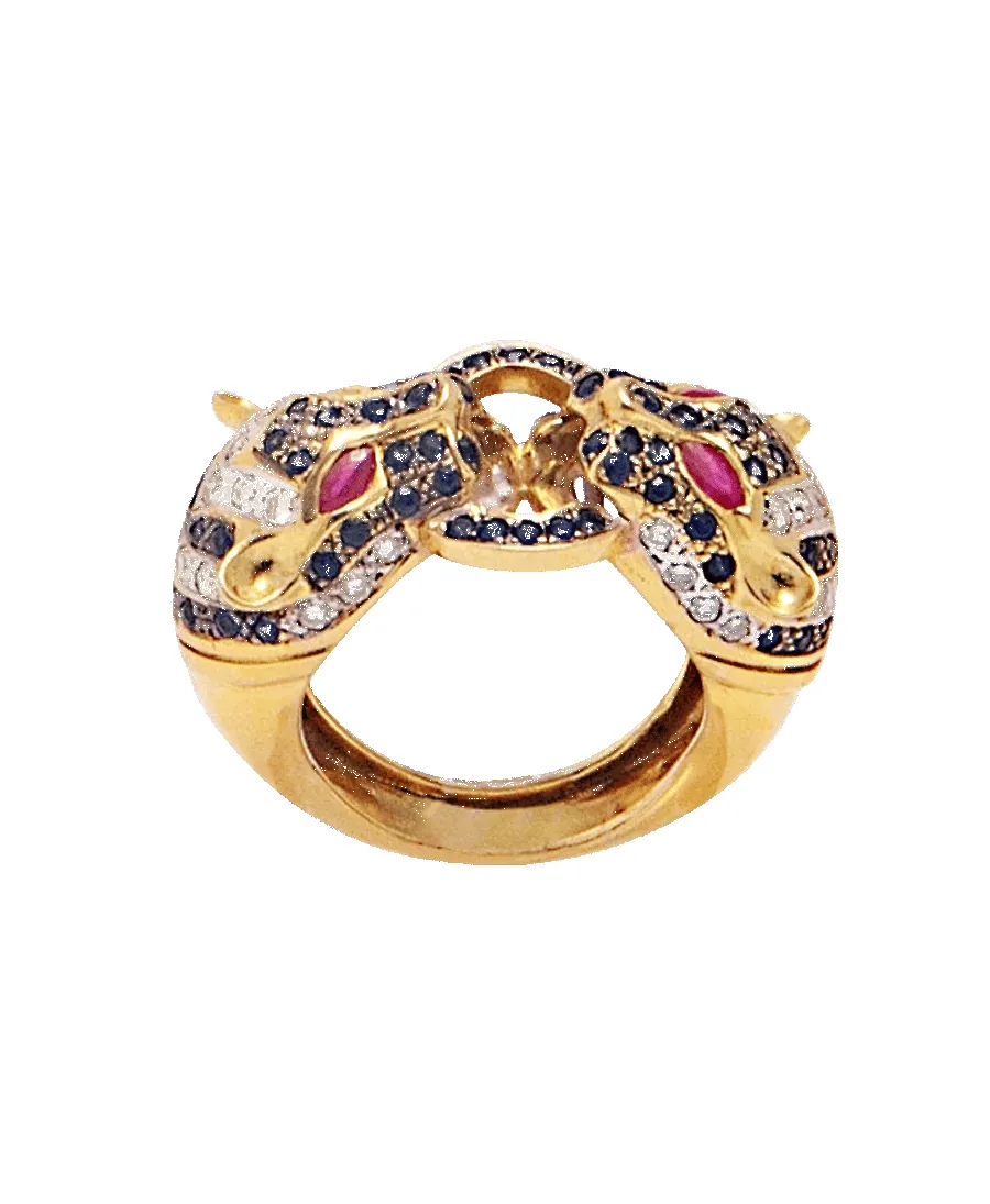 Bague Double Panthère Or jaune 18K Saphirs Rubis Oxyde de zirconium sold by 58 Facettes
