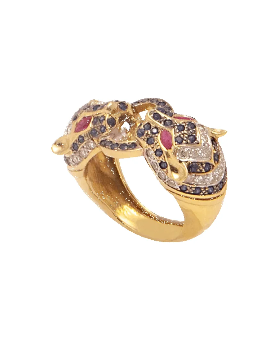 Bague Double Panthère Or jaune 18K Saphirs Rubis Oxyde de zirconium sold by 58 Facettes product image thumbnail 2