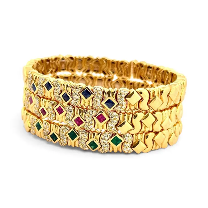 3 bracelets joncs en or 18 carats diamants et pierres précieuses sold by 58 Facettes