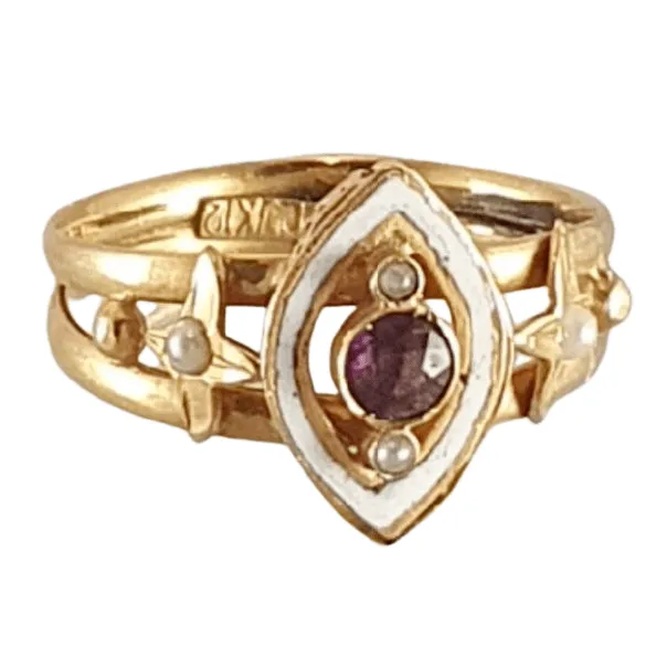 BAGUE ANCIENNE MARQUISE EMAIL AMETHYSTE PERLES sold by 58 Facettes