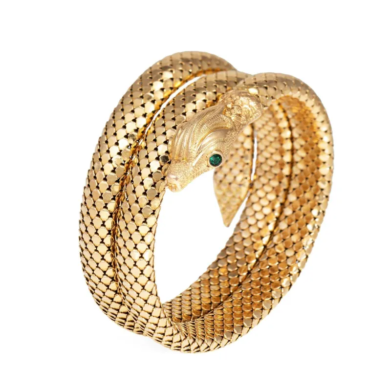 Bracelet serpent victorien en or jaune 18k aux pierres vertes made by 58 Facettes
