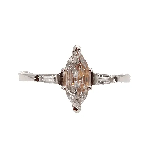 Bague solitaire diamant taille navette et baguettes en or blanc 18k sold by 58 Facettes