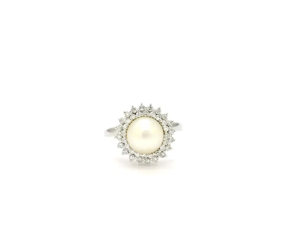 Bague double rangée en or blanc avec perle et diamants made by 58 Facettes