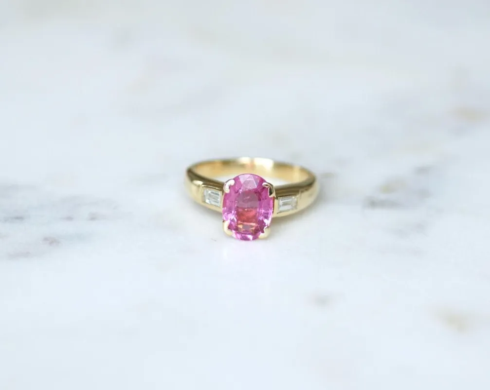 Bague Or Jaune, Tourmaline Rose et Diamant Baguette sold by 58 Facettes