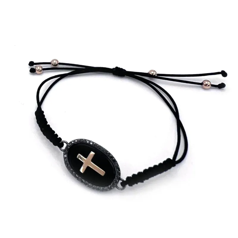 Bracelet CROSS en or jaune, diamants noirs et onyx made by 58 Facettes