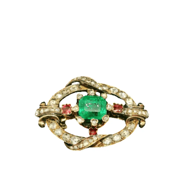 Broche antique fin XIXe siècle avec émeraude colombienne, diamants et rubis made by 58 Facettes