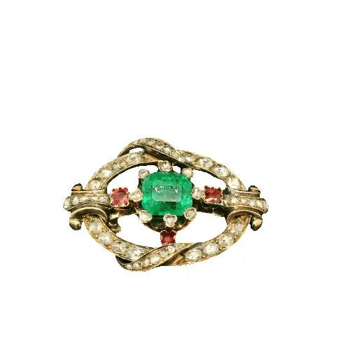 Broche antique fin XIXe siècle avec émeraude colombienne, diamants et rubis sold by 58 Facettes