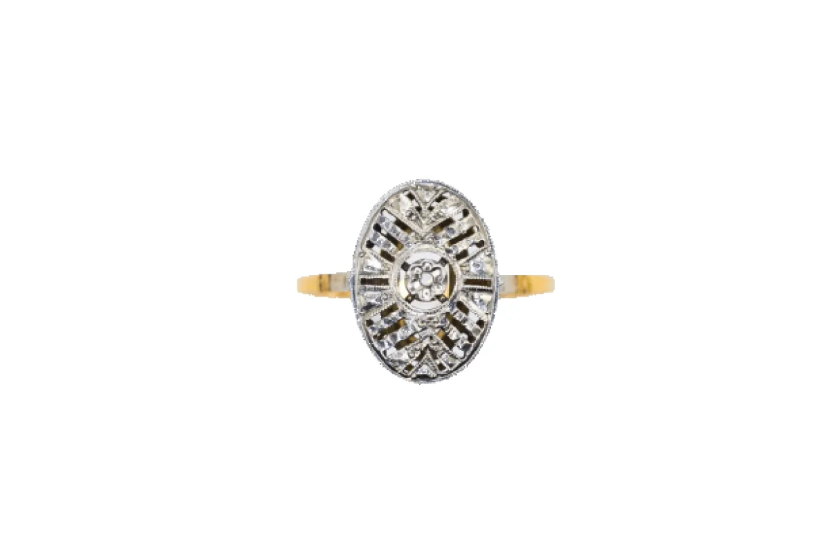 Bague Art Déco ovale en or jaune et or blanc 18k et diamant made by 58 Facettes