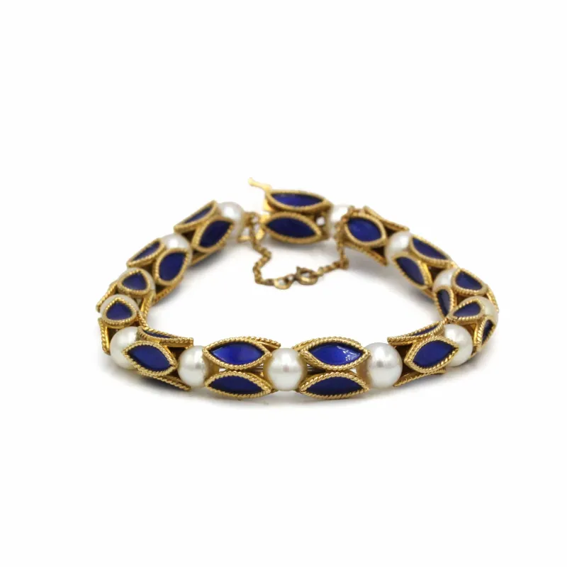 Bracelet 1950-1960 - Or jaune, Email Bleu & Perles sold by 58 Facettes