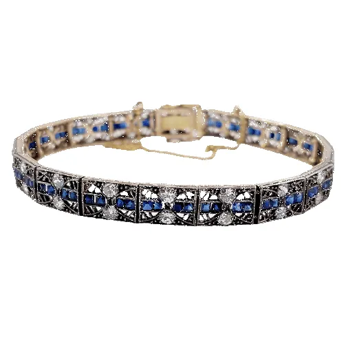 Bracelet Art déco en or 14k et argent, diamants et saphirs calibrés sold by 58 Facettes