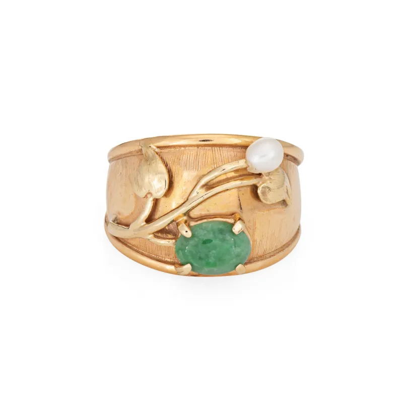 Bague feuille vintage en or jaune 18 carats, jade et perle sold by 58 Facettes