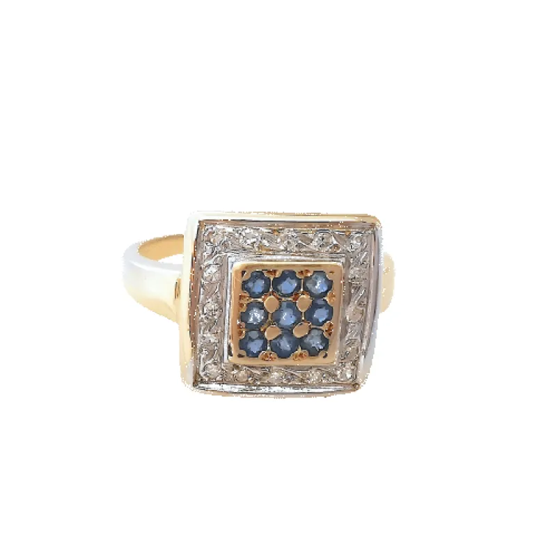 Bague carrée saphirs et diamants or 2 tons 18K made by 58 Facettes
