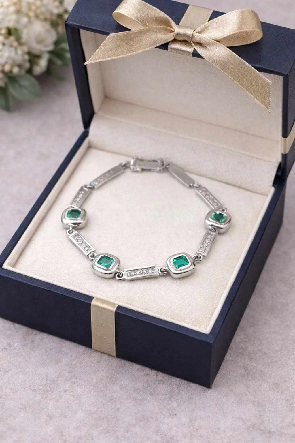 Bracelet en or blanc à maillons rectangulaires, diamants et émeraudes sold by 58 Facettes product image thumbnail 4