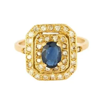 Bague marguerite en or jaune 18K, saphir et diamants sold by 58 Facettes