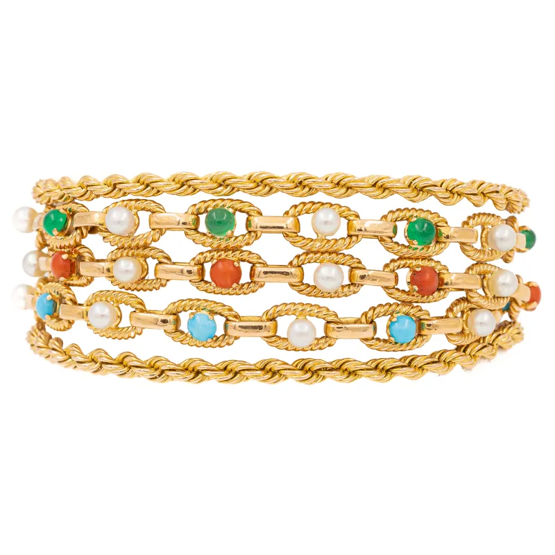 Bracelet manchette en or jaune 18 carats cornaline, chrysoprase et turquoise made by 58 Facettes