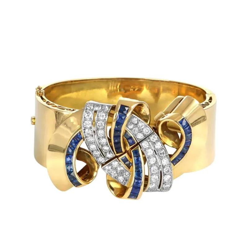 Bracelet jonc rigide à clip en or jaune 18 carats, diamants et saphirs made by 58 Facettes