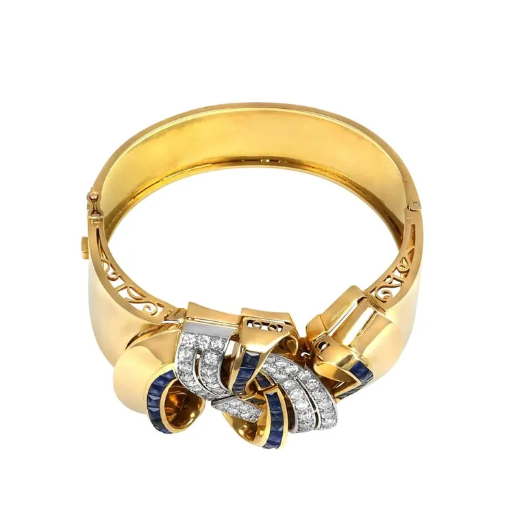 Bracelet jonc rigide à clip en or jaune 18 carats, diamants et saphirs sold by 58 Facettes product image thumbnail 3