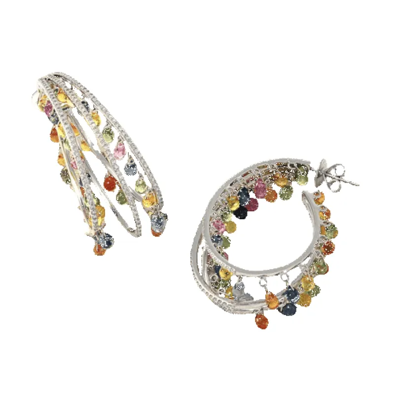 Boucles d'oreilles créoles en or gris 18 carats, saphirs et diamants made by 58 Facettes