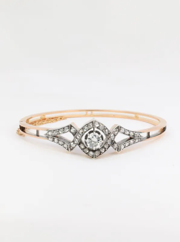 Bracelet jonc or rose diamants taille ancienne made by 58 Facettes