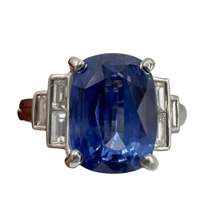 Bague de fiançailles - Saphir de Ceylan et diamants baguette en or blanc 18 carats sold by 58 Facettes