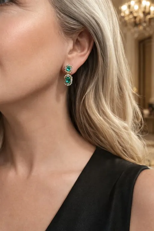 Boucles d’oreilles pendantes émeraudes et diamants en or jaune 18k sold by 58 Facettes product image thumbnail 2