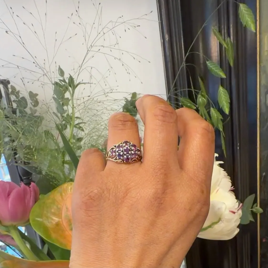 Bague cluster vintage en or 14 carats et rubis sold by 58 Facettes product image thumbnail 2
