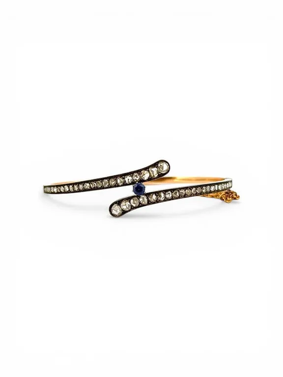 Bracelet jonc Napoléon III/Victorien - Bracelet rigide en or 18 carats, argent, diamants et saphir sold by 58 Facettes