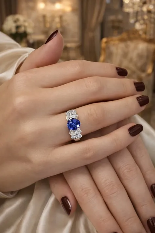 Bague en or blanc 18 carats, saphir bleu et diamants baguette sold by 58 Facettes product image thumbnail 2