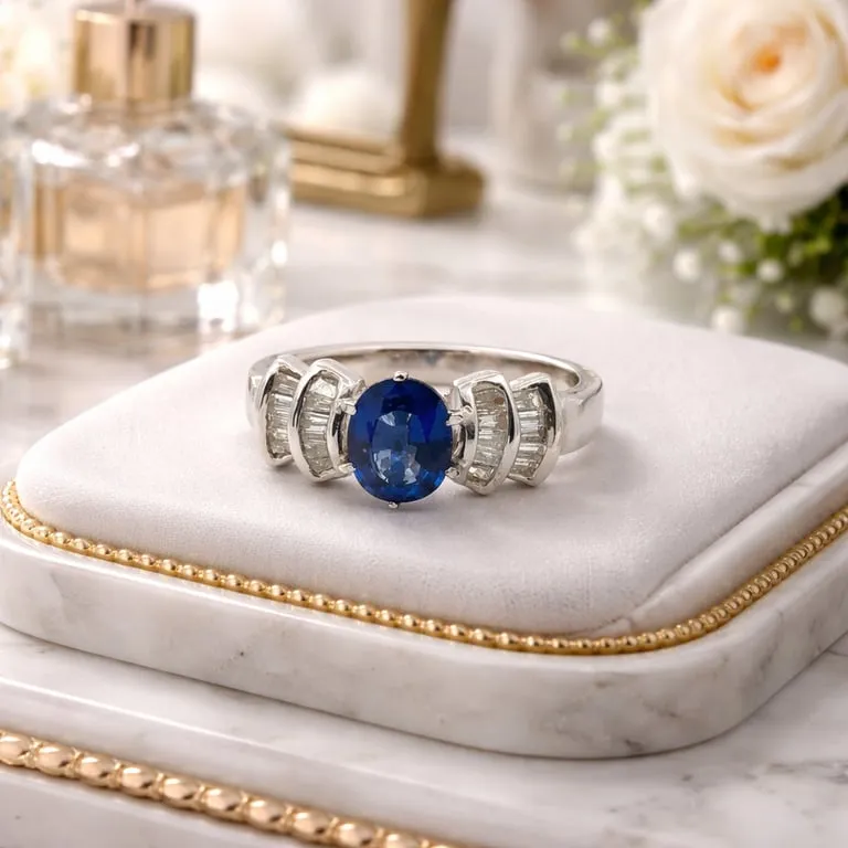 Bague en or blanc 18 carats, saphir bleu et diamants baguette sold by 58 Facettes product image thumbnail 3