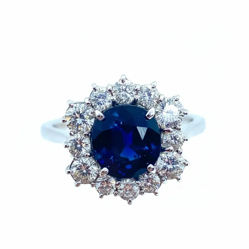 Bague marguerite hexagonale - Or blanc 18K, saphir et diamants made by 58 Facettes