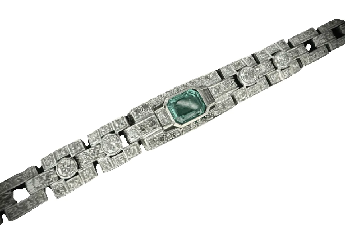 Bracelet Art déco en platine et or blanc, émeraude et diamants made by 58 Facettes