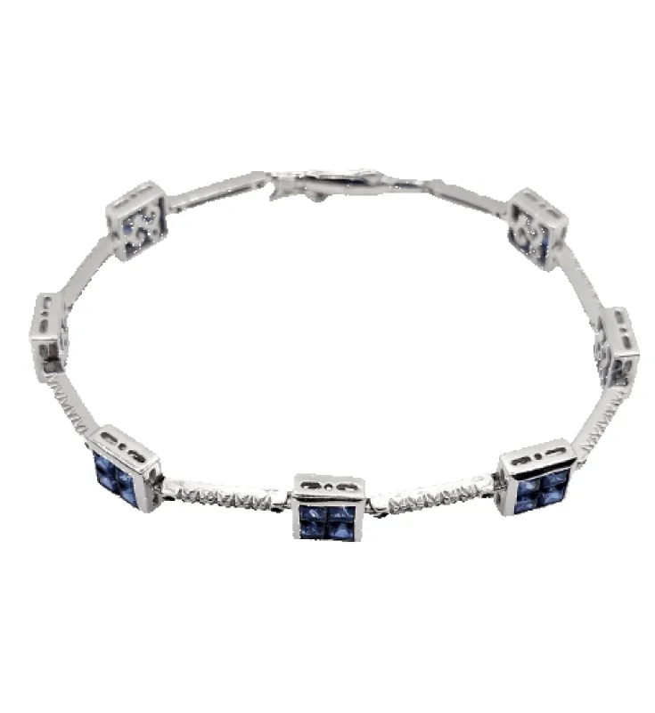 Bracelet vintage style Art déco en or blanc 18k, saphirs synthétiques et diamants made by 58 Facettes