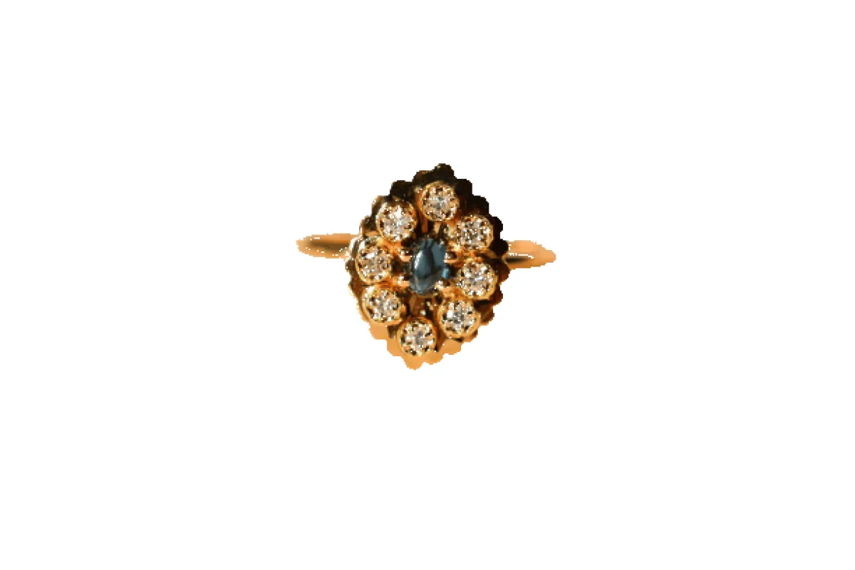Bague marguerite plateau en or jaune 18 carats, saphir et diamants made by 58 Facettes