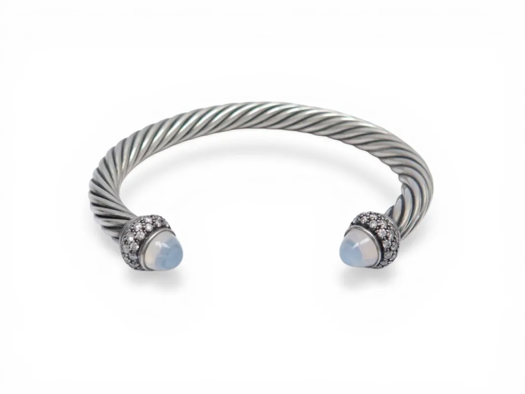 David Yurman - Bracelet Classic Cable 7 mm en argent 925, calcedoine et diamants made by 58 Facettes