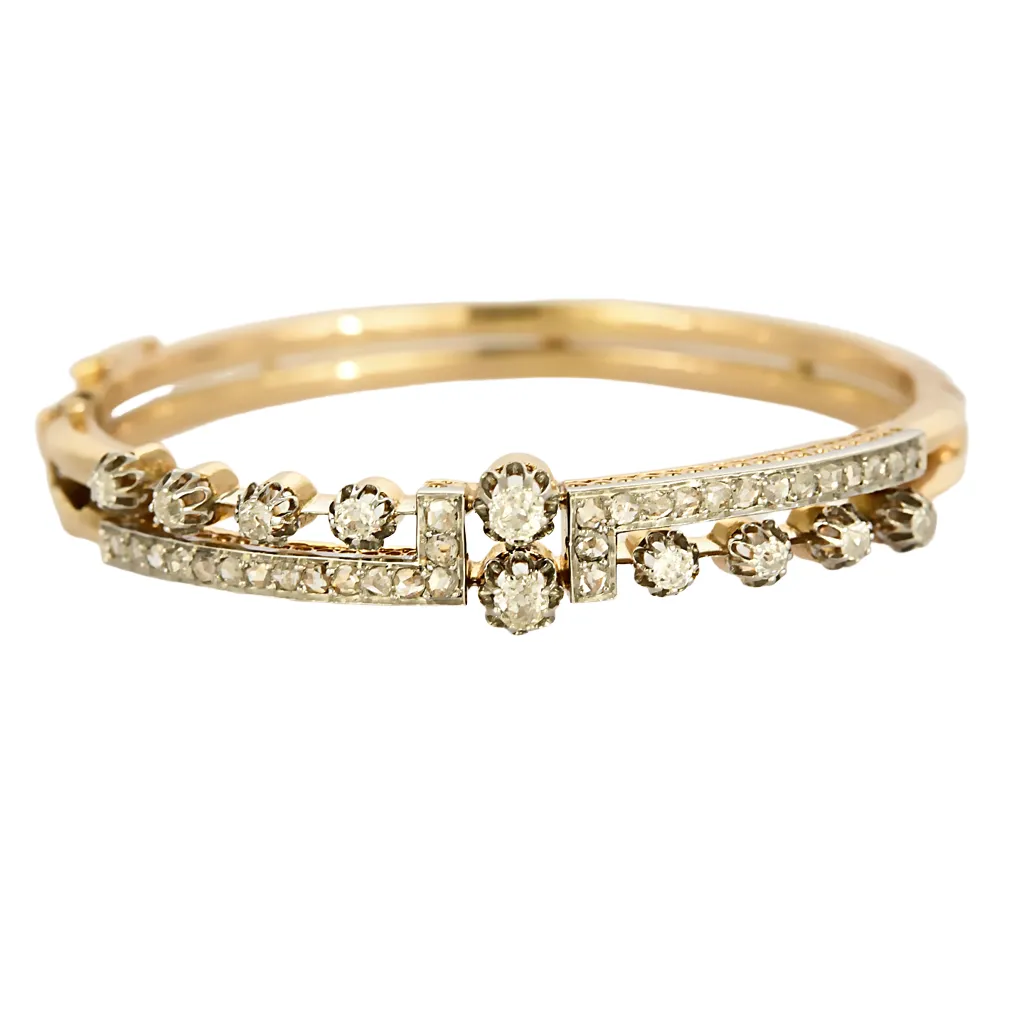 Bracelet jonc ouvrant en or rose et or gris, diamants. Style Napoléon III. sold by 58 Facettes
