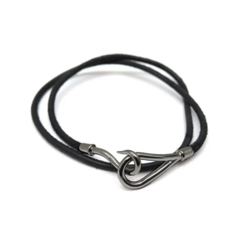 Hermès - Bracelet Jumbo Double en métal argenté et cuir made by 58 Facettes
