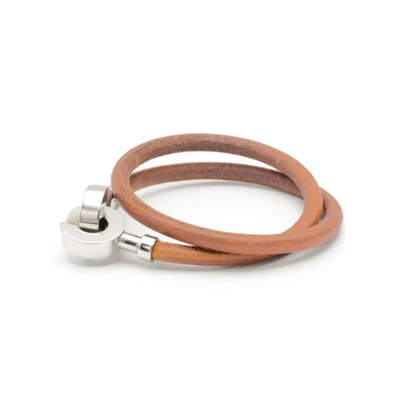 Hermès Lancelot - Bracelet double en métal argenté et cuir made by 58 Facettes