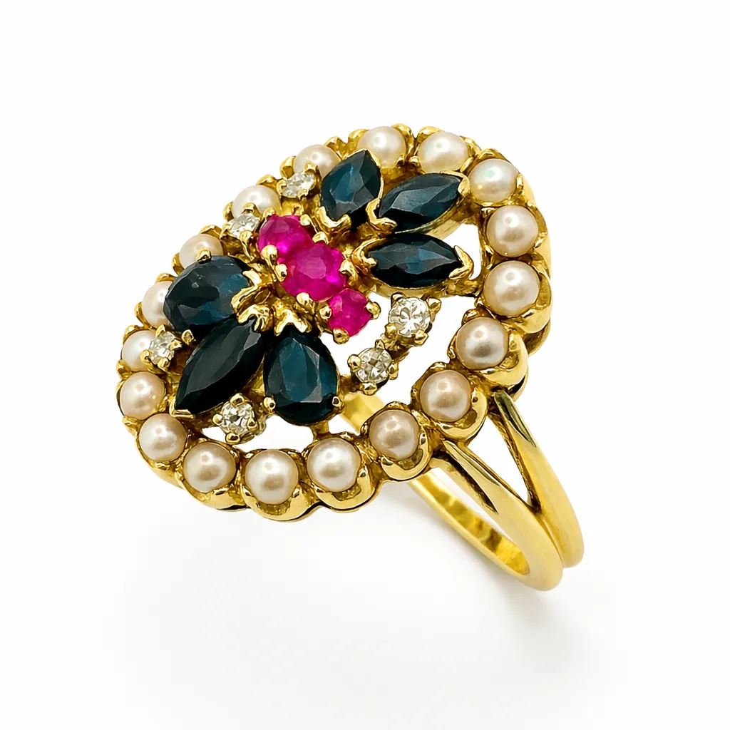 Bague vintage ovale en or jaune 14K avec rubis, saphirs, perles et diamants sold by 58 Facettes product image thumbnail 2