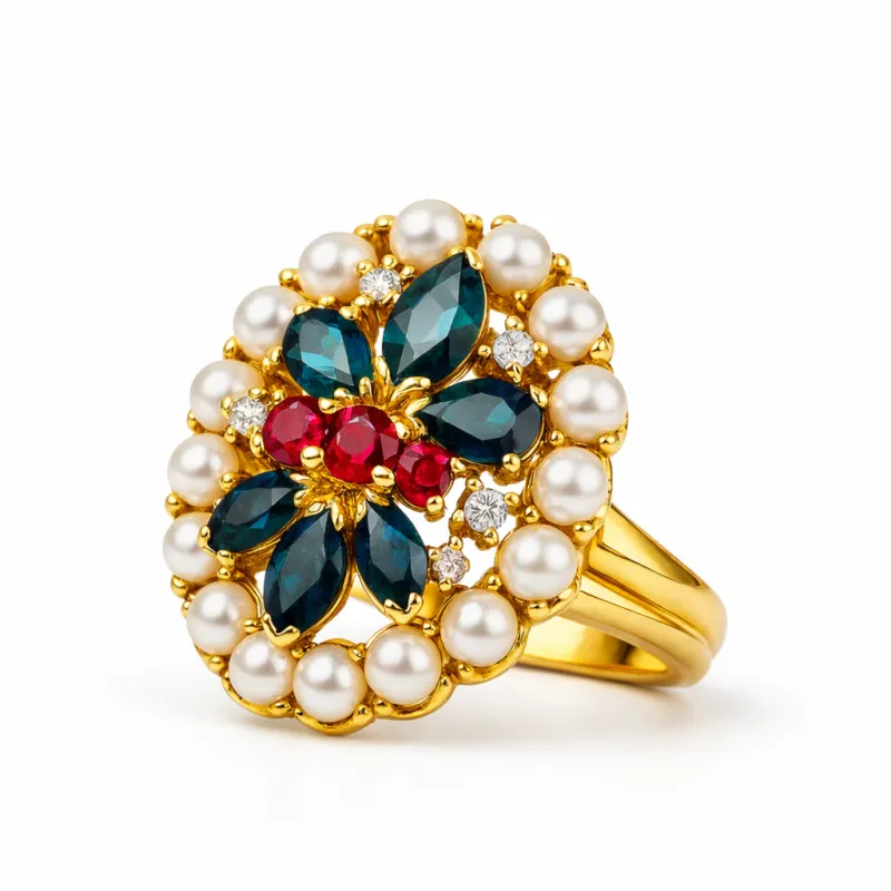 Bague vintage ovale en or jaune 14K avec rubis, saphirs, perles et diamants made by 58 Facettes