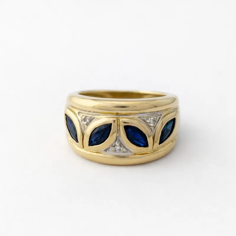 Bague bandeau en or jaune 18 carats saphirs marquise et diamants made by 58 Facettes