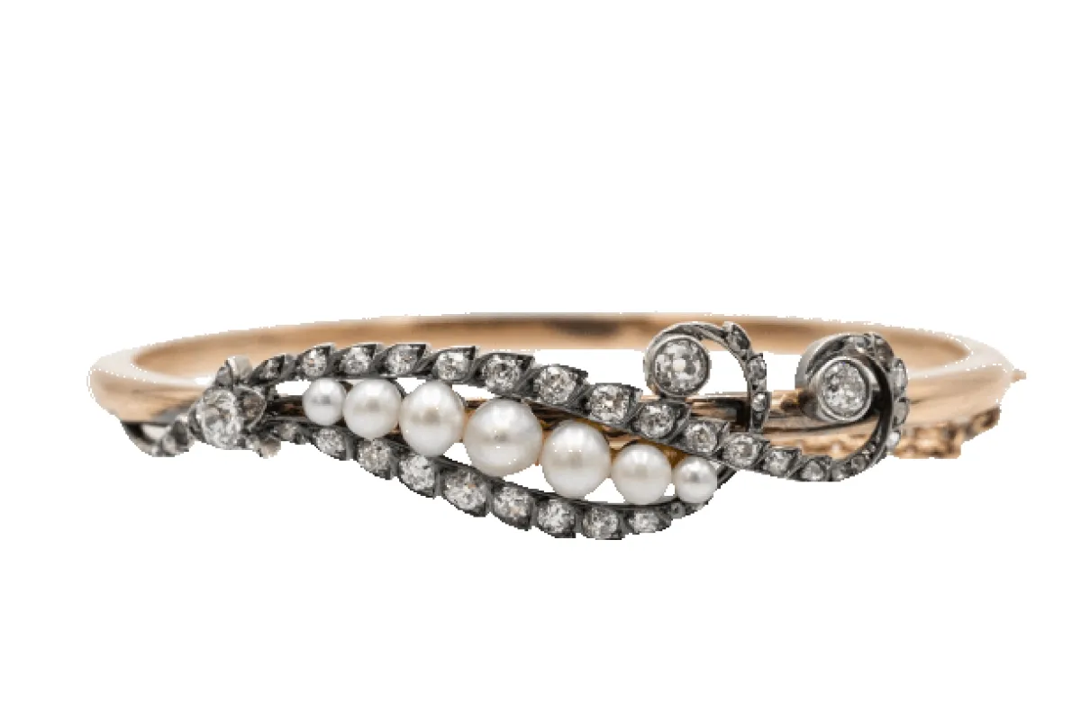 Bracelet Art nouveau en or jaune 585 avec diamants et perles made by 58 Facettes