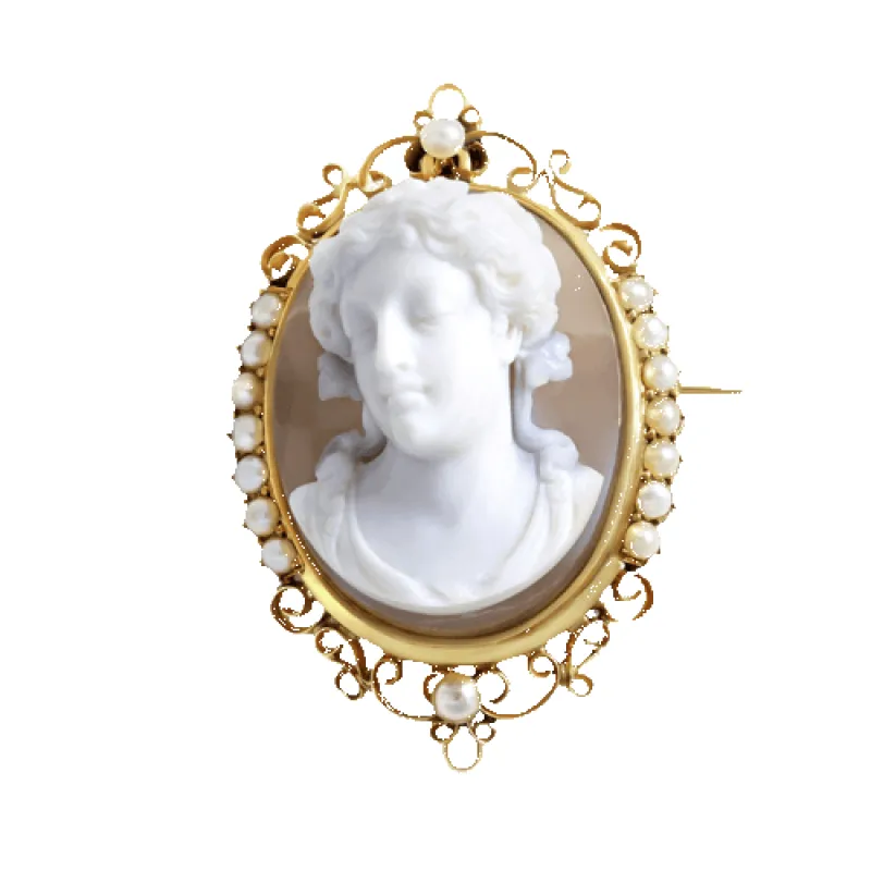 Broche pendentif camée en or jaune, agate et perles fines made by 58 Facettes