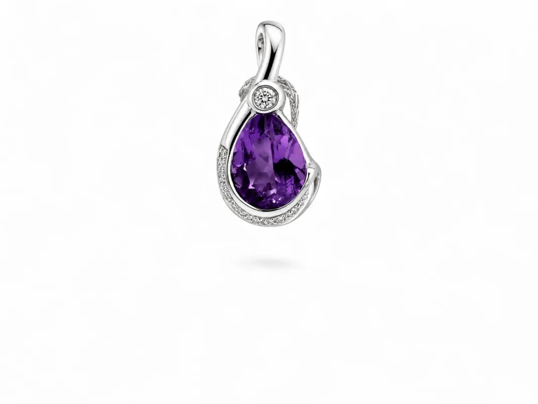 Collier pendentif goutte d’améthyste en or blanc et diamants made by 58 Facettes
