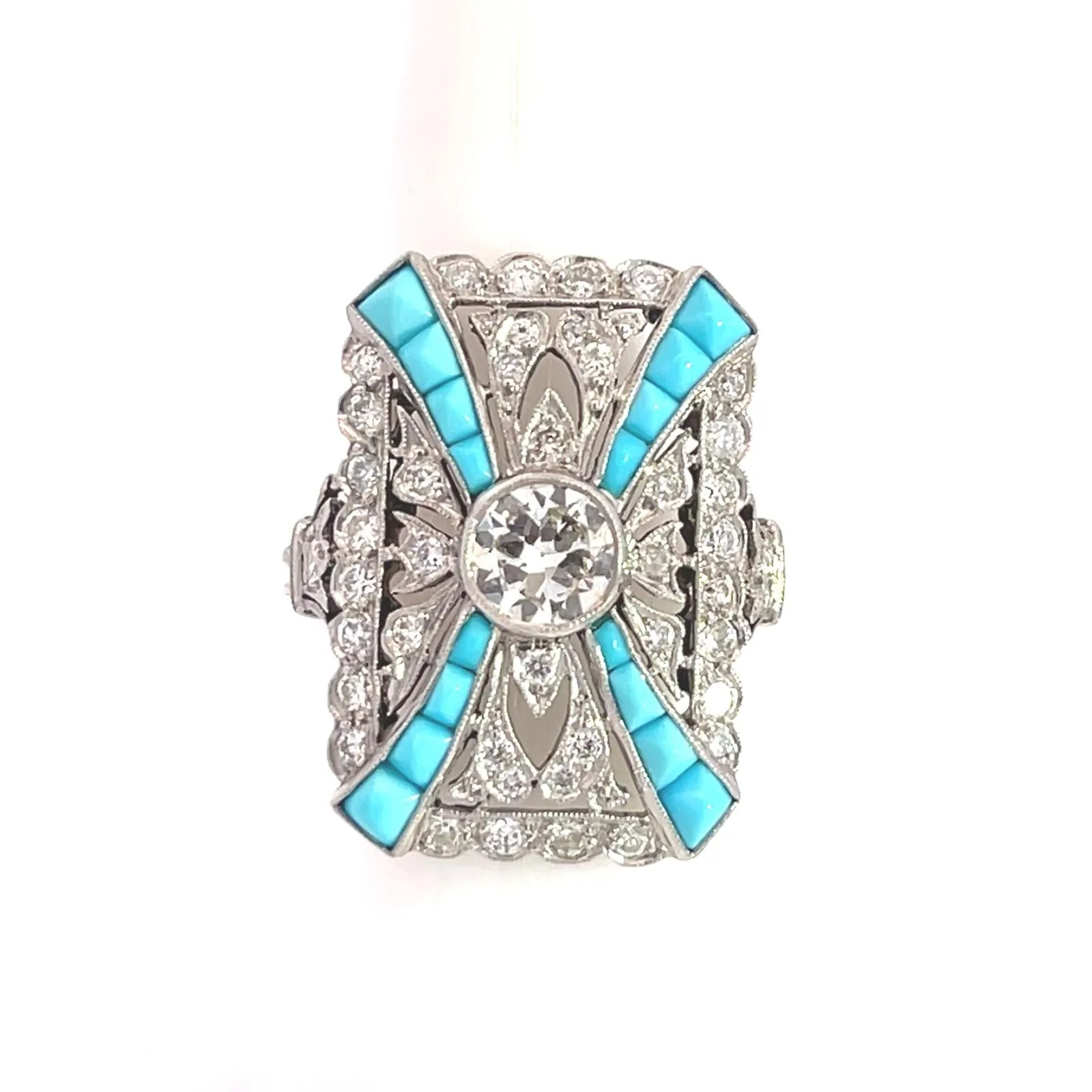 Style Art déco - Bague en platine avec diamants et turquoise sold by 58 Facettes product image thumbnail 3