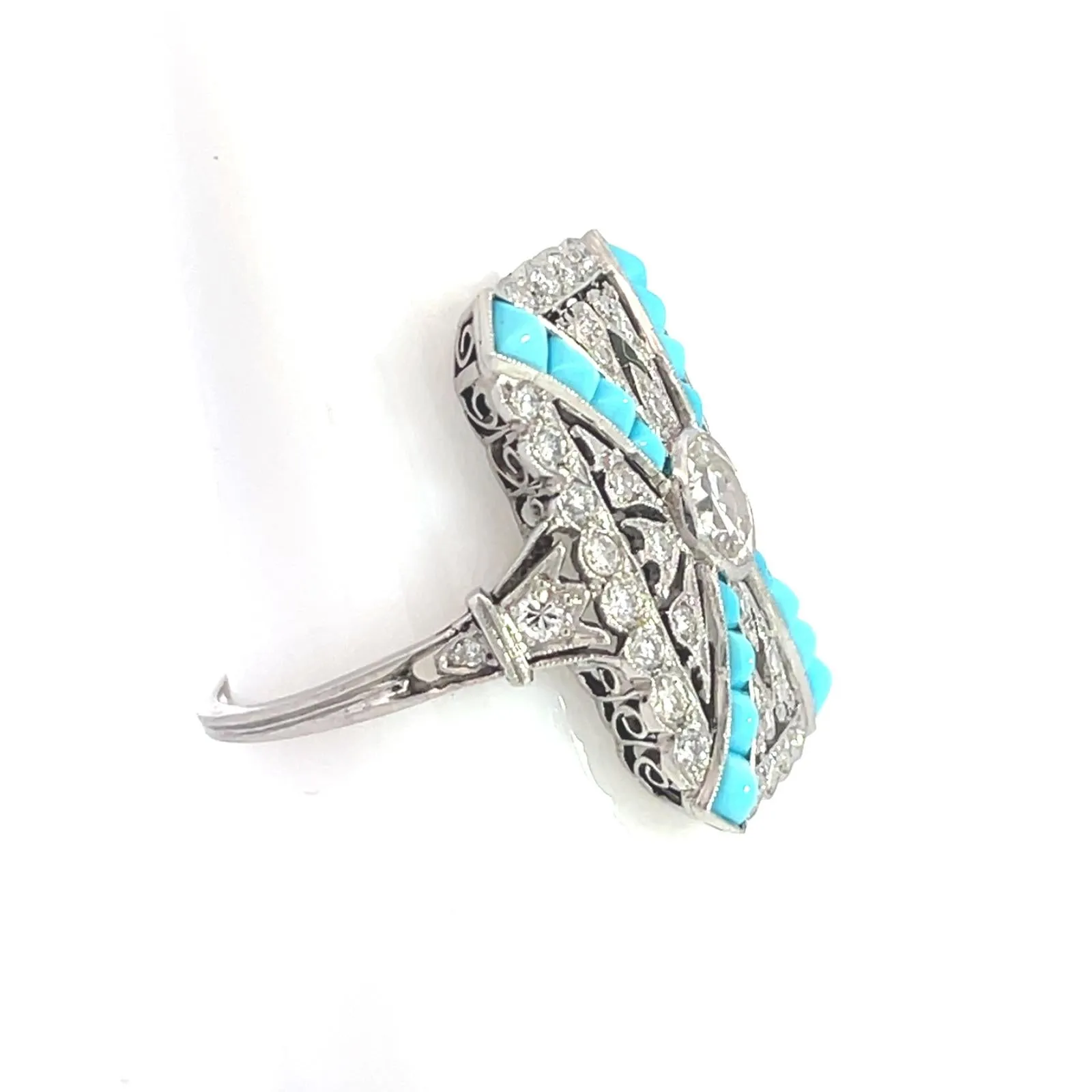 Style Art déco - Bague en platine avec diamants et turquoise sold by 58 Facettes product image thumbnail 4