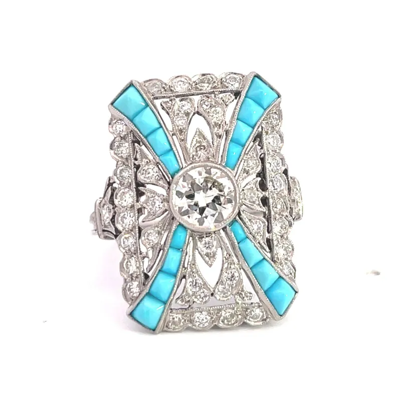 Style Art déco - Bague en platine avec diamants et turquoise made by 58 Facettes