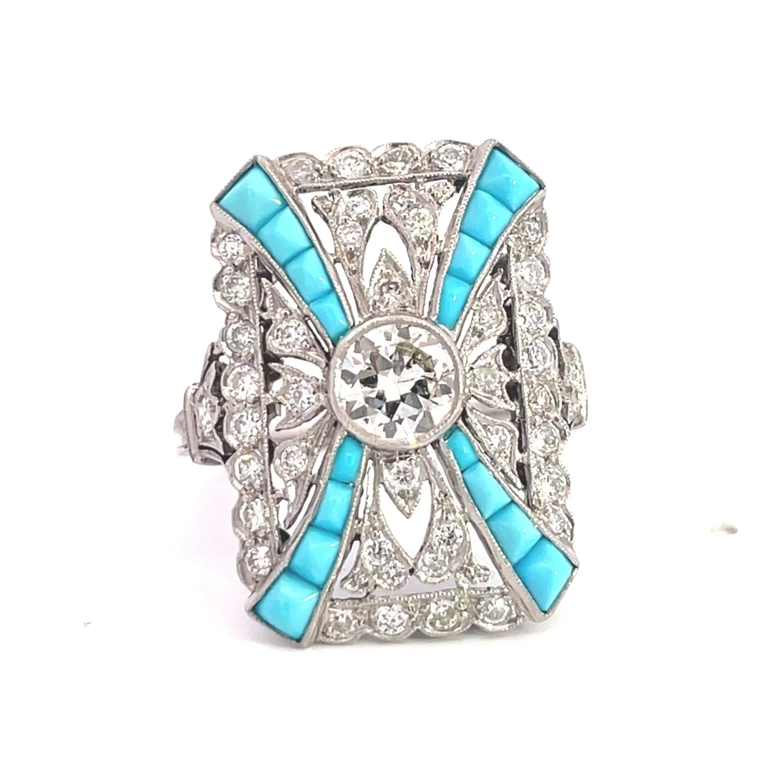 Style Art déco - Bague en platine avec diamants et turquoise sold by 58 Facettes