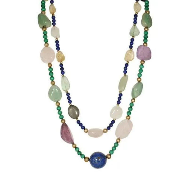 Sautoir Quartz Rose, Lapis Lazuli, Malachite, Aventurine, Calcédoine et Boules Vermeil sold by 58 Facettes